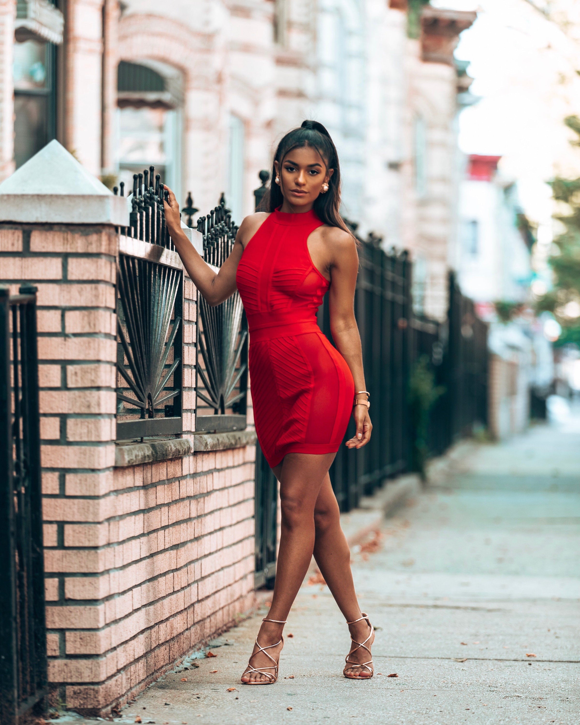 red mesh bandage dress Gold Dust High-Neck Mesh Bandage Dress